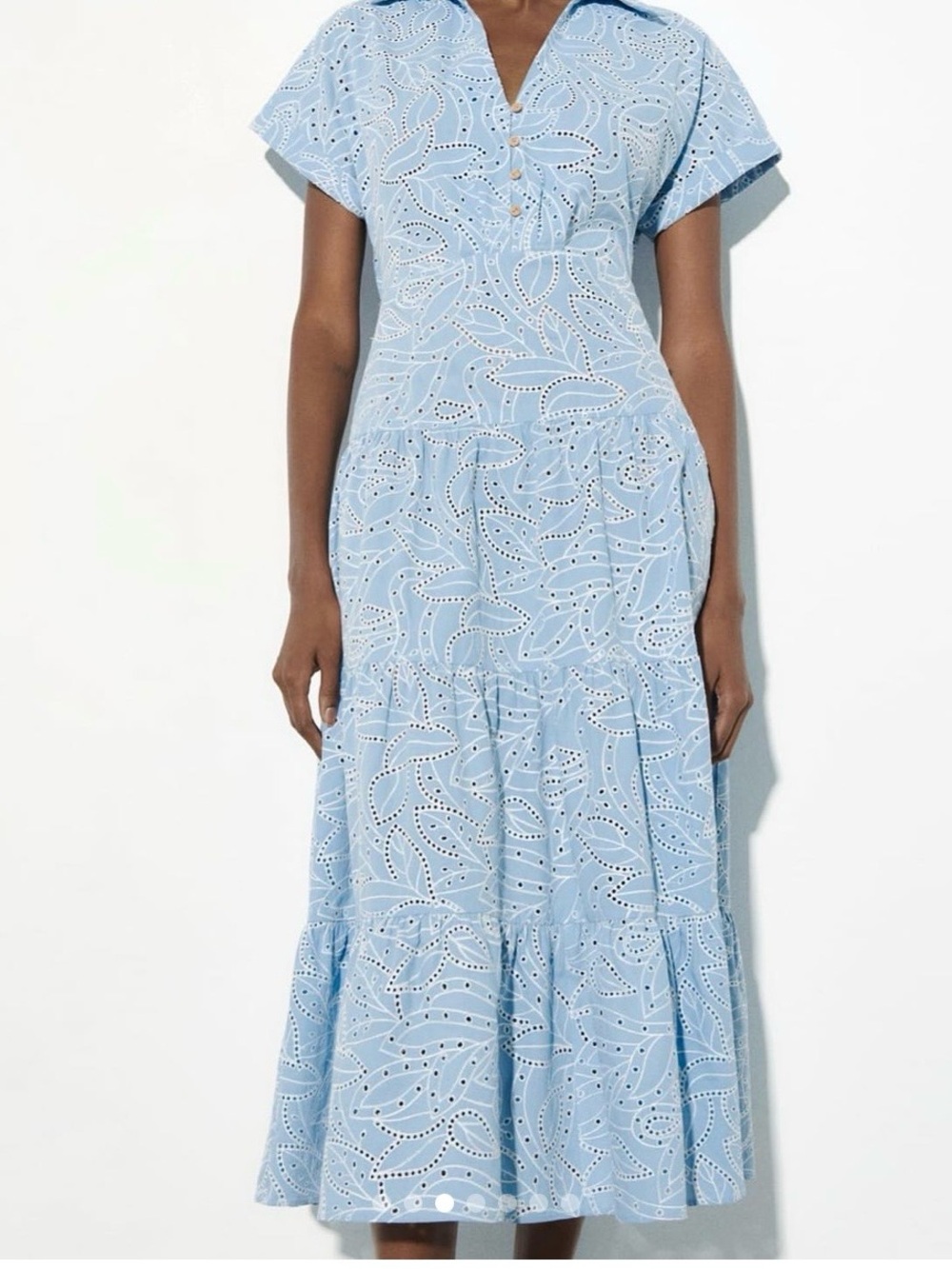 Zara Pale Blue Eyelet Tiered Midi Dress - Picture 5 of 9